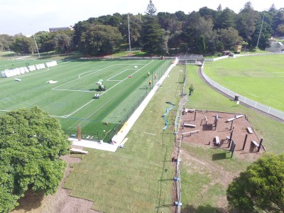 Aerial view of the newly constructed multi purpose sports courts at Waverley Park in eastern Sydney